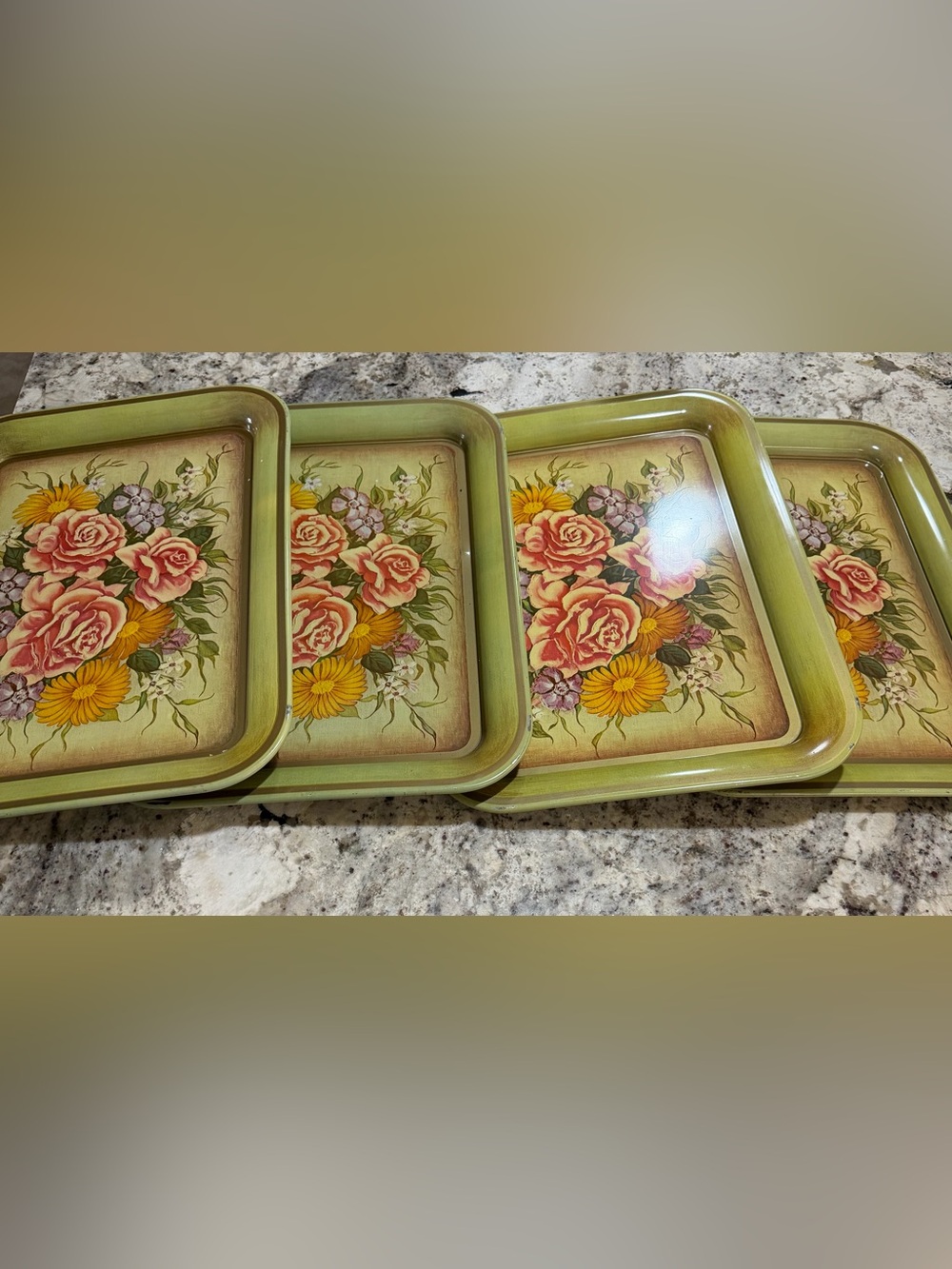 Set of 4 Vintage 1970s Floral Metal Serving Trays Avocado Green Roses 17.5”